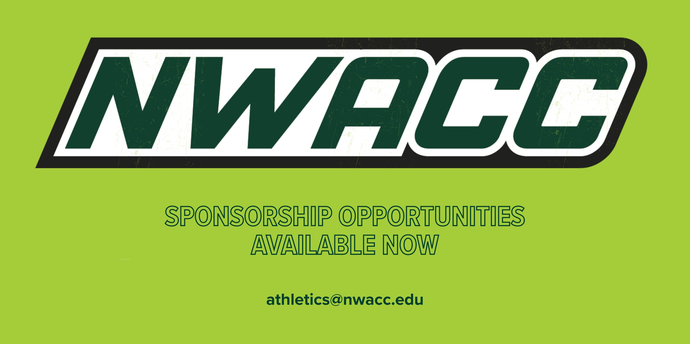 NWACC wordmark, sponsorship call to action and athletics email address on top of a lime green background.